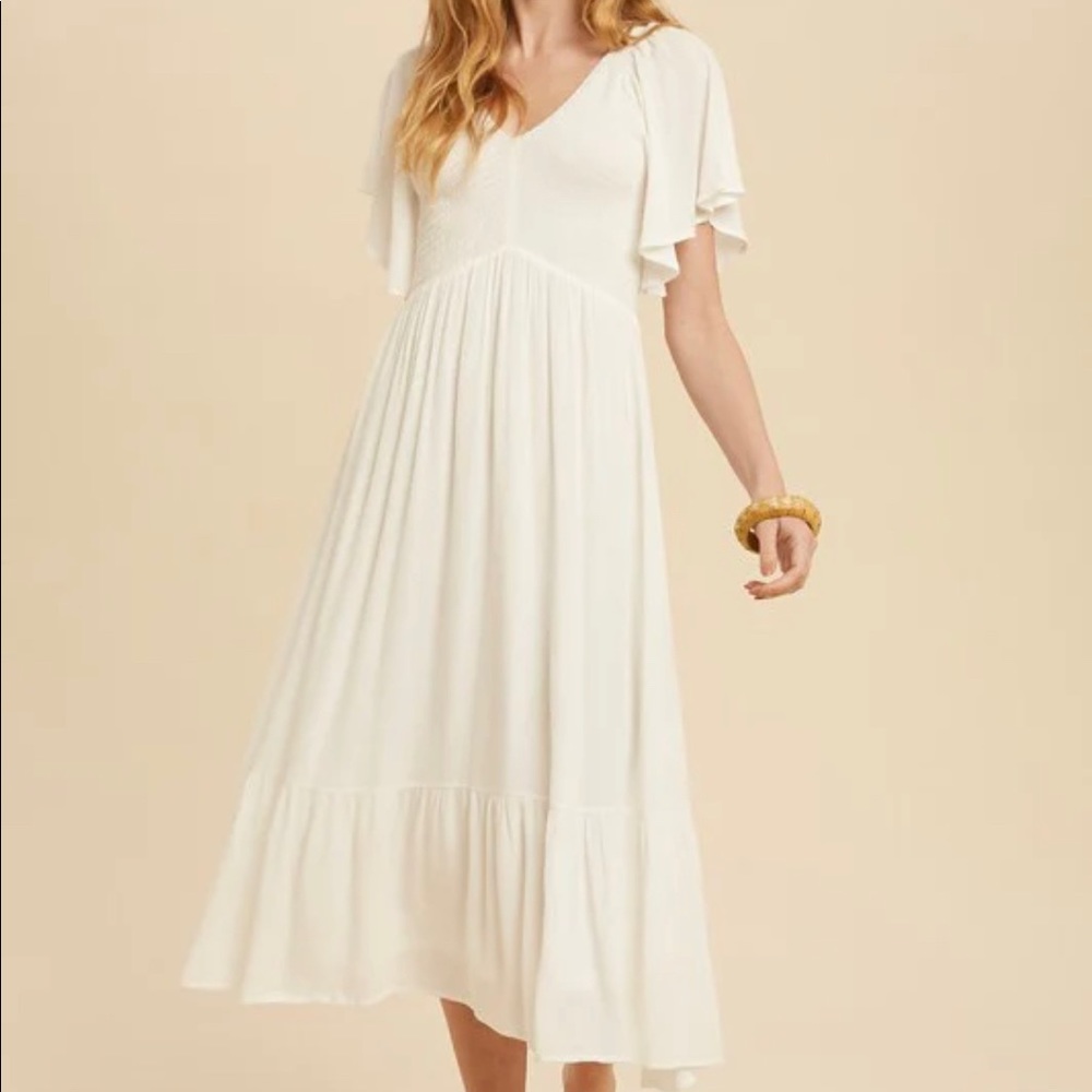 In-loom | White Flutter Sleeve tiered Midi Dress